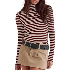 Women's Undershirts Wine Red Striped Long Sleeve Ribbed Slim Top Tees